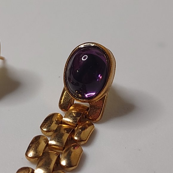 Purple Orange And Gold Tone Link Dangle Earrings - Picture 5 of 15